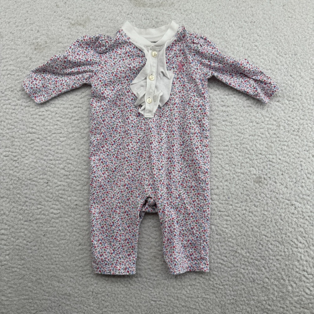 Ralph Lauren Jumper Dress Baby 3M White Roses AOP Pink Pony Long Sleeve Shirt